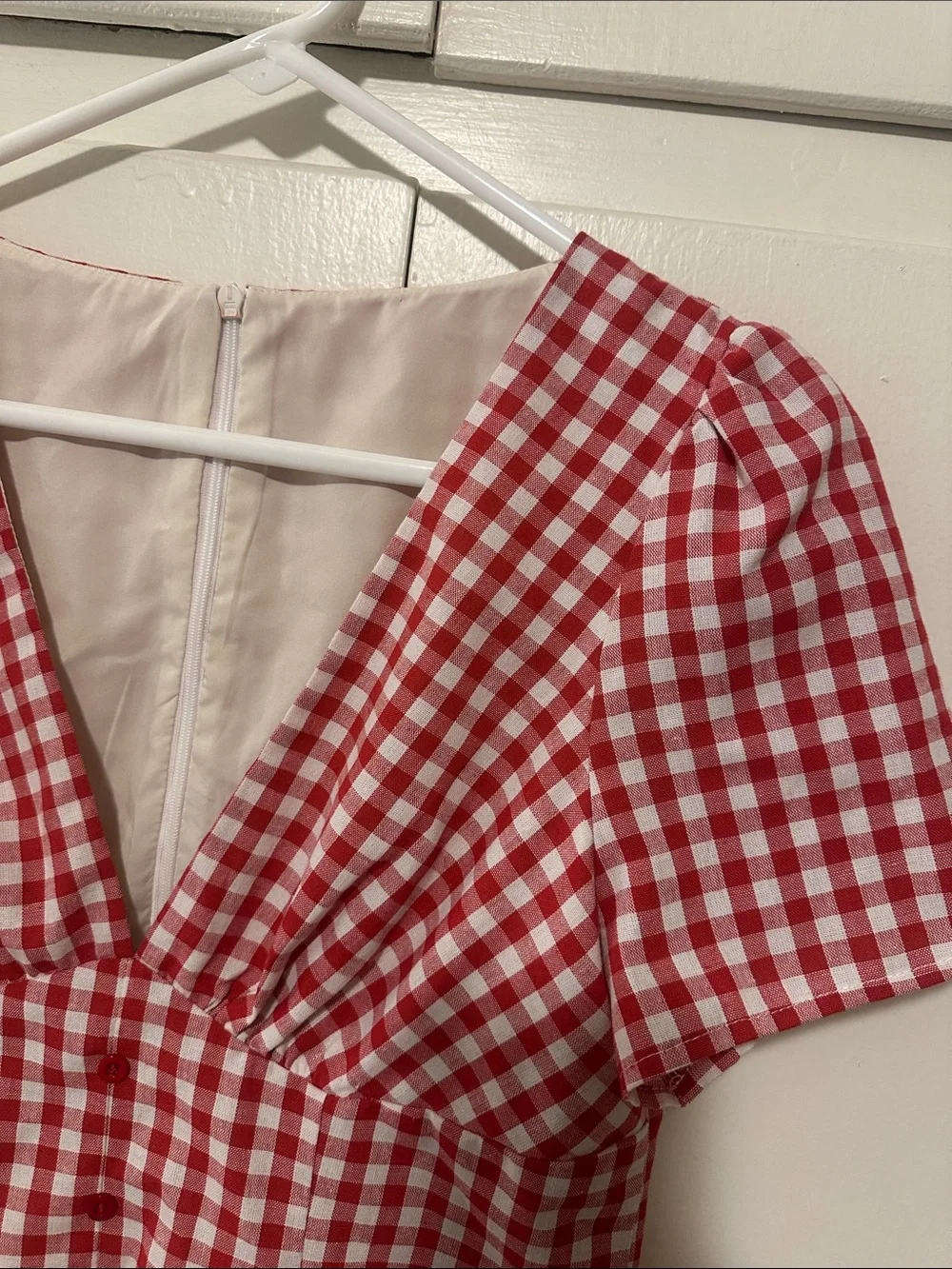 Red Gingham Mini Dress with Decorative Button Front - Picture 4 of 4